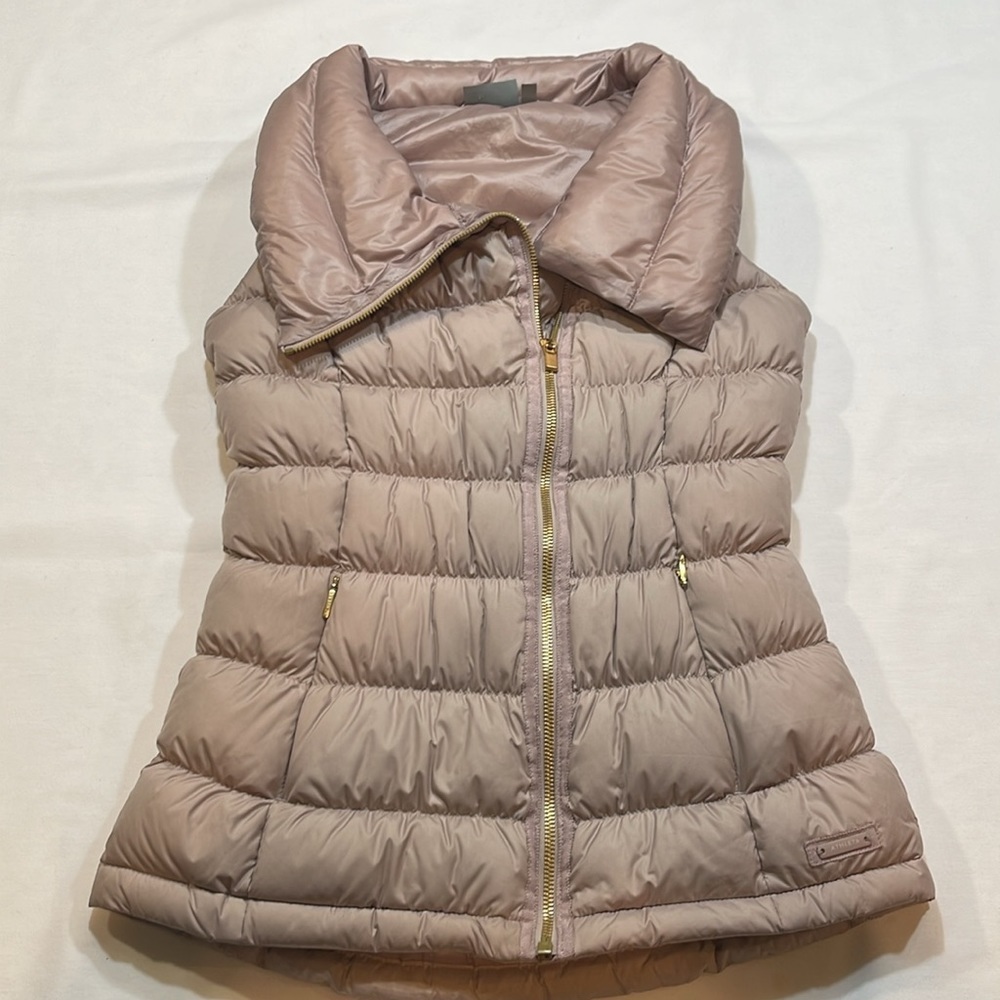 ATHLETA Taupe Goose Down Puffer Vest • XXS • Warm Quilted Zip Front High Collar